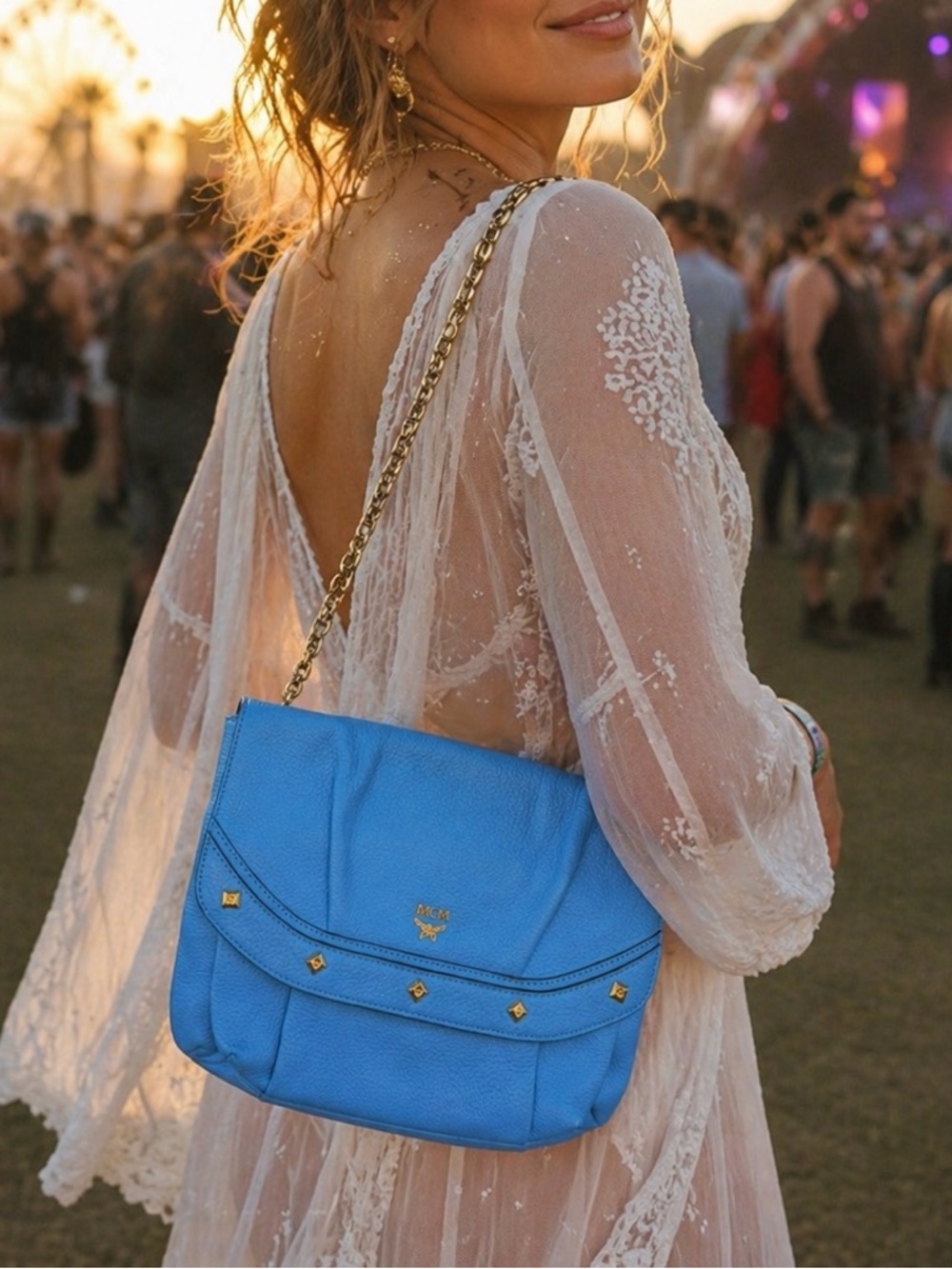 MCM Blue Pebbled Leather Chain Strap Shoulder Bag. Comes with COA